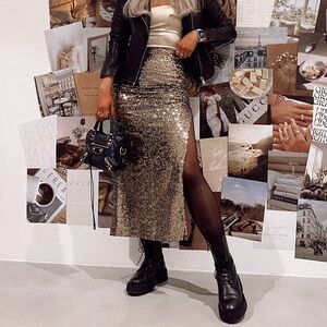 Reformation Gold Sequin Midi Skirt with Side Slit